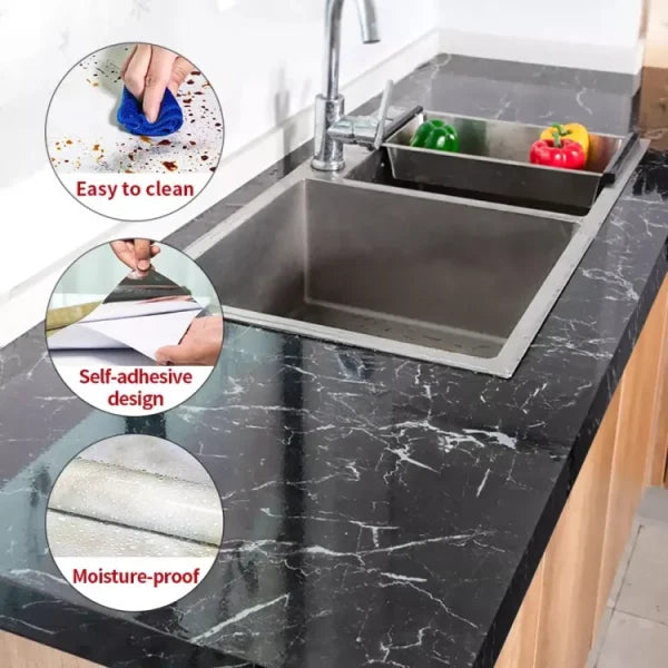 Self Adhesive Black Marble Sheet For Kitchen / Waterproof Anti Oil & Heat Resistant Wallpaper Sheet (black)size 45×200