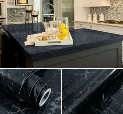 Self Adhesive Black Marble Sheet For Kitchen / Waterproof Anti Oil & Heat Resistant Wallpaper Sheet (black)size 45×200