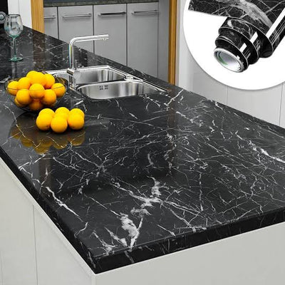 Self Adhesive Black Marble Sheet For Kitchen / Waterproof Anti Oil & Heat Resistant Wallpaper Sheet (black)size 45×200